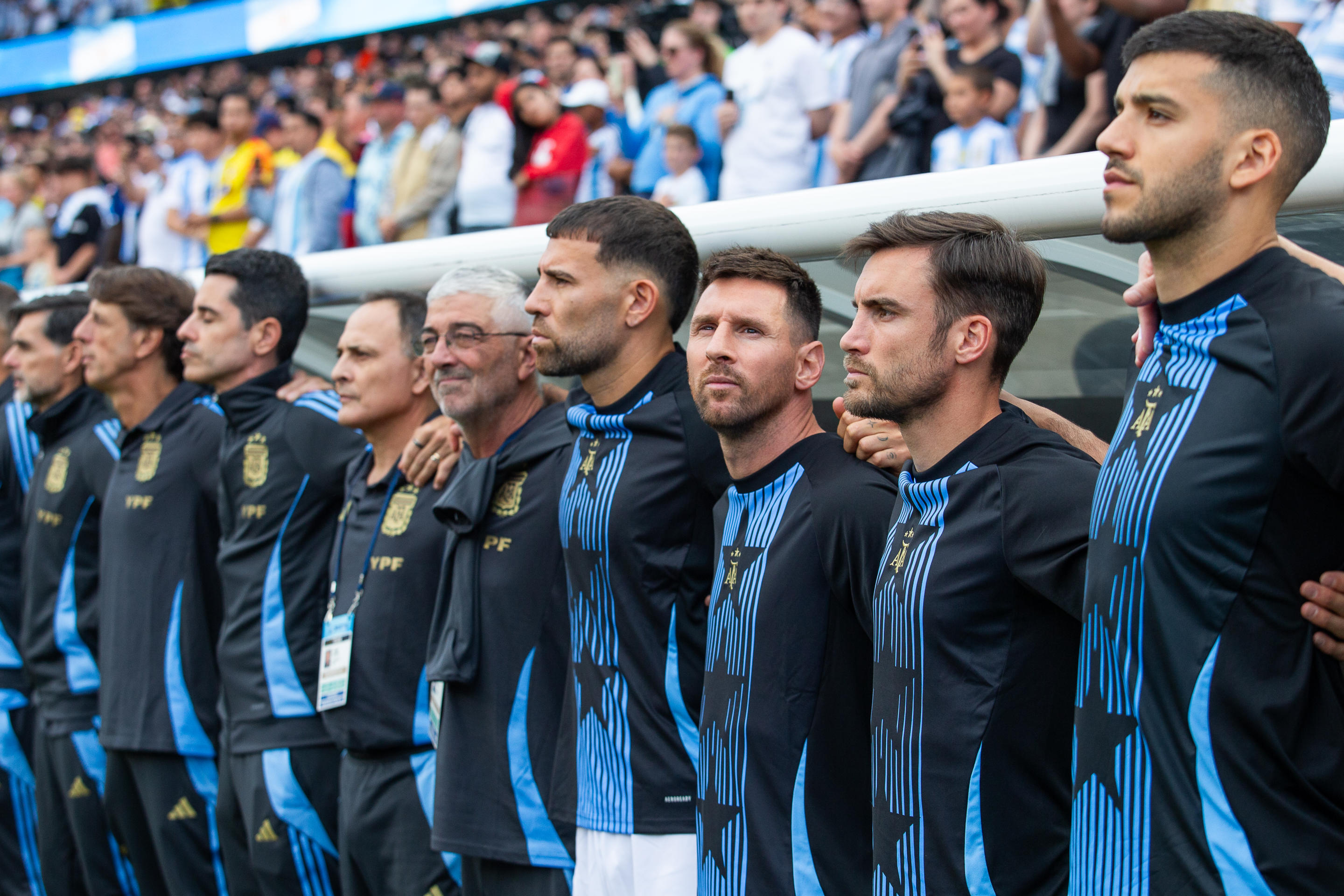 CHICAGO, IL - JUNE 9: Lionel Messi #10 of Argentina looks on from the substitute bench before the national anthem before a game between Ecuador and Argentina at Soldier Field on June 9, 2024 in Chicago, Illinois. (Photo by Michael Miller/ISI Photos/Getty Images)