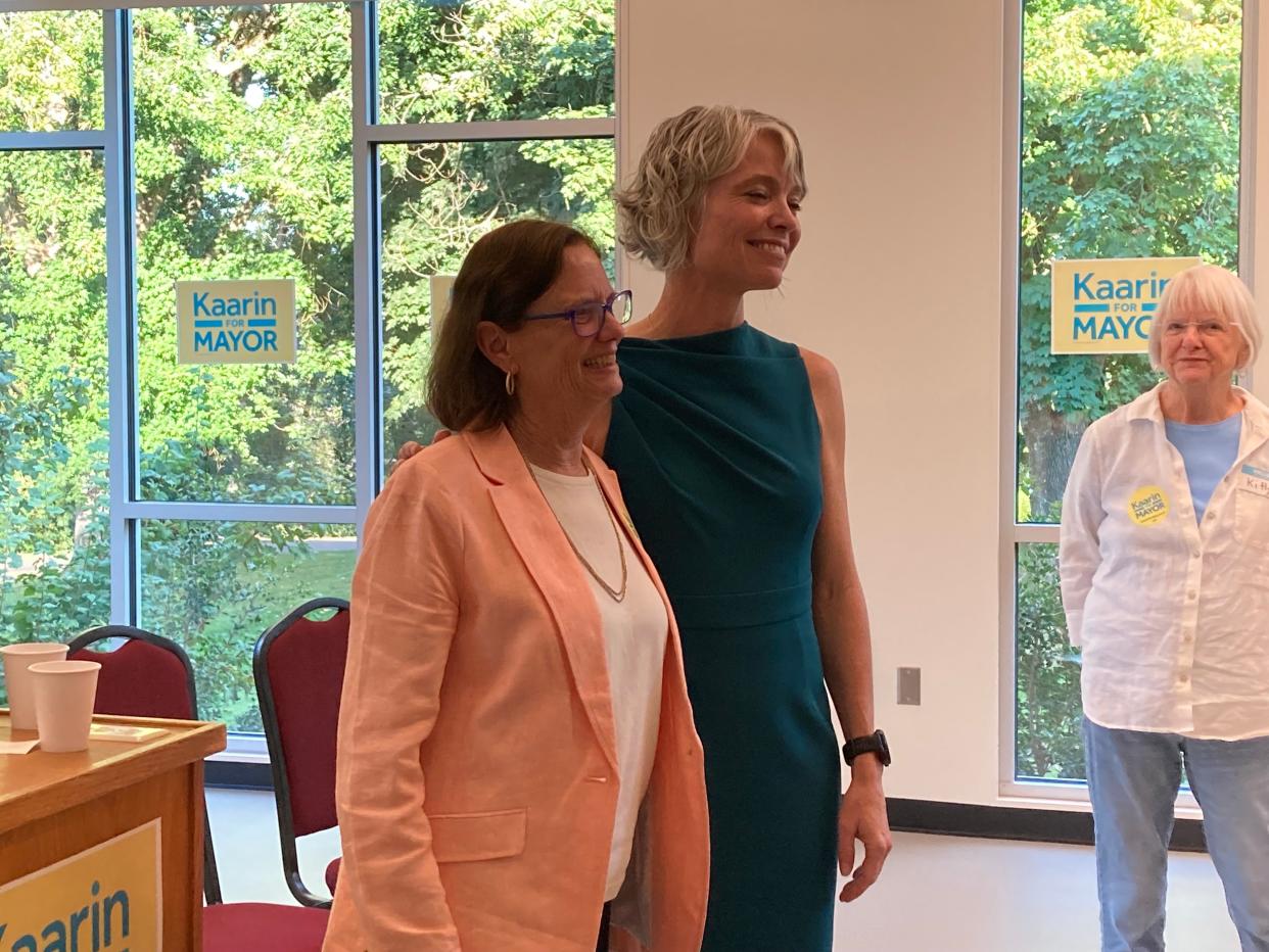 Eugene Mayor Lucy Vinis (left) and former Mayor Kitty Piercy endorsed mayoral candidate Kaarin Knudson (center) at the event Tuesday where Knudson announced her mayoral campaign.
