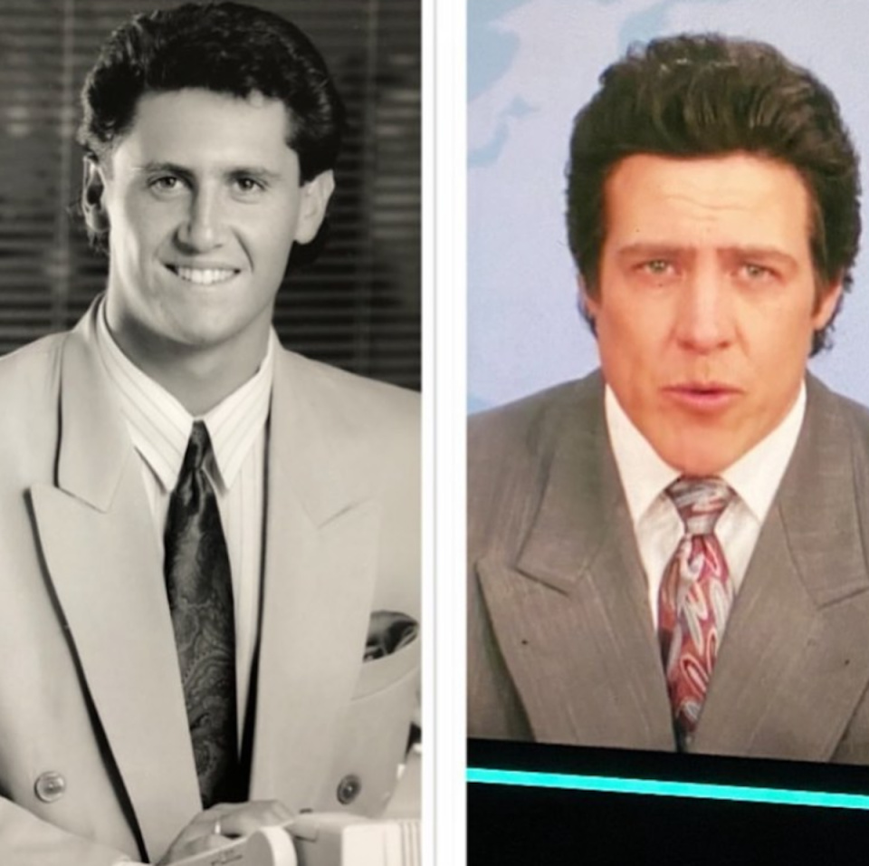 Larry Emdur in the 1980s and Stephen Peacocke playing Rob Rickards in The Newsreader