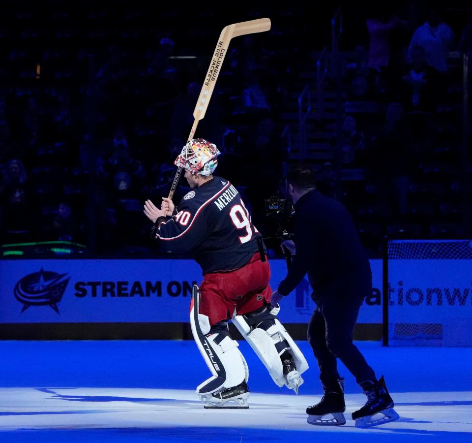 Dec. 1, 2023; Columbus, Ohio, USA; 
Columbus Blue Jackets goaltender Elvis Merzlikins (90) is recognized as a star of Friday's hockey game at Nationwide Arena. The Jackets beat the Ottawa Senators 4-2.