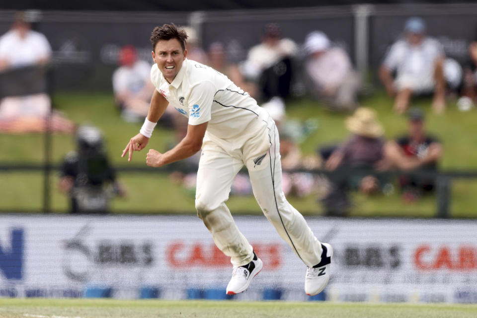 Trent Boult of New Zealand bowls during play on day three of the second cricket test between Bangladesh and New Zealand at Hagley Oval in Christchurch, New Zealand, Tuesday, Jan. 11, 2022. (Martin Hunter/Photosport via AP)