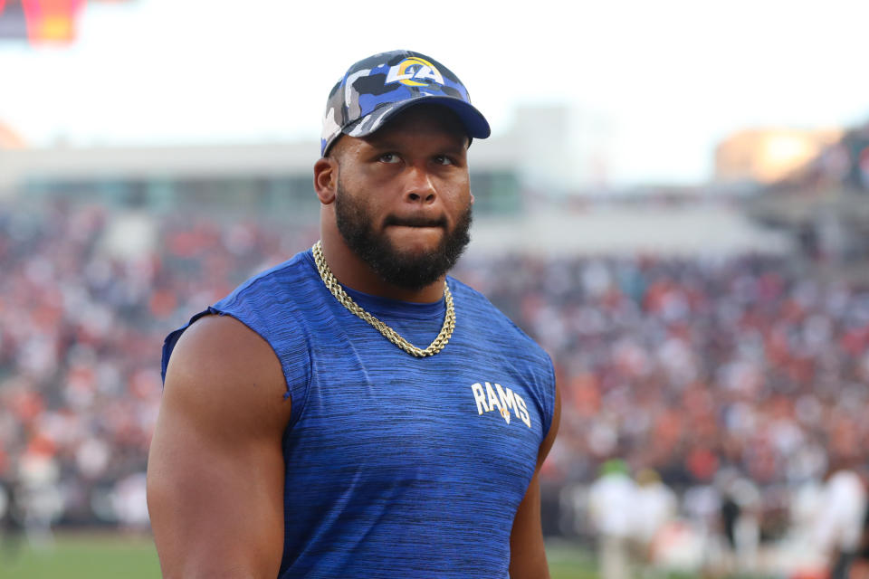 CINCINNATI, OH - AUGUST 27: Los Angeles Rams defensive tackle Aaron Donald (99) walks off the field after the game against the Los Angeles Rams and the Cincinnati Bengals on August 27, 2022, at Paycor Stadium in Cincinnati, OH. (Photo by Ian Johnson/Icon Sportswire via Getty Images)