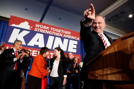 Tim Kaine celebrates his senate race victory on stage with supporters in Richmond, Virginia, November 2012. REUTERS/Jonathan Ernst