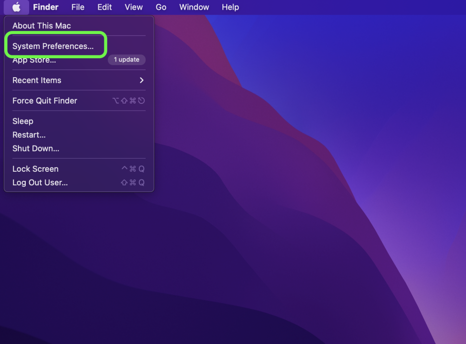 macOS desktop w/ Apple menu open and System Preferences option highlighted