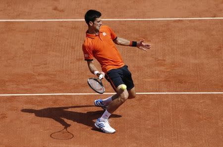 Novak Djokovic of Serbia returns the ball to Stan Wawrinka of Switzerland during their men's final match at the French Open tennis tournament at the Roland Garros stadium in Paris, France, June 7, 2015. REUTERS/Pascal Rossignol