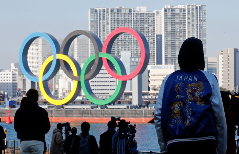 Olympic rings reinstallation at the waterfront area at Odaiba Marine Park in Tokyo