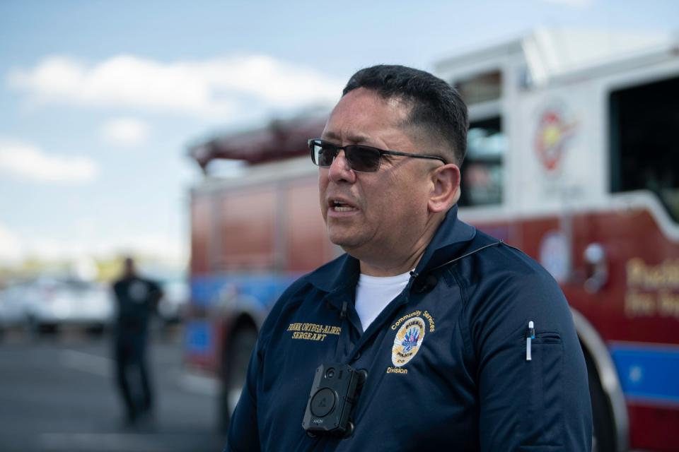 Pueblo police spokesperson Sgt. Franklyn Ortega speaks to the media after residents were removed from the Val U Stay Inn & Suites motel on Thursday, April 25, 2024.