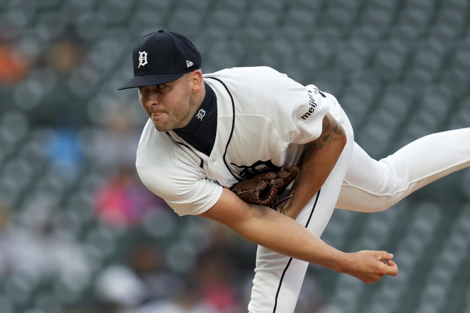 Detroit Tigers relief pitcher Alex Lange throws against the Kansas City Royals in the ninth inning of a baseball game, Thursday, Sept. 28, 2023, in Detroit. (AP Photo/Paul Sancya)