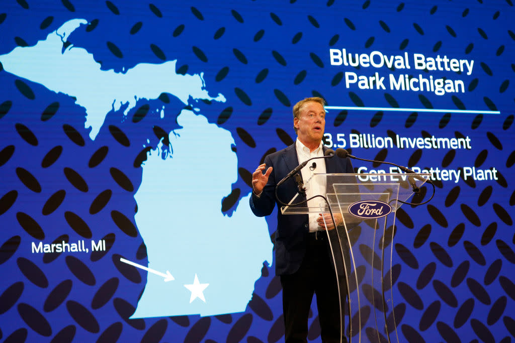  Ford chairman Bill Ford unveils EV battery plant. 