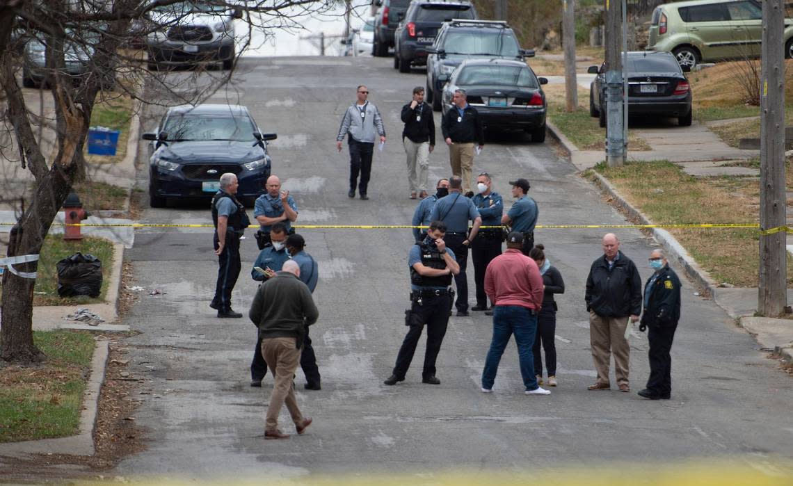 Kansas City police are seen in a 2020 file photo. The Kansas City Police Department has denied claims that it changed policy after a detective was convicted of shooting and killing a man at his home.