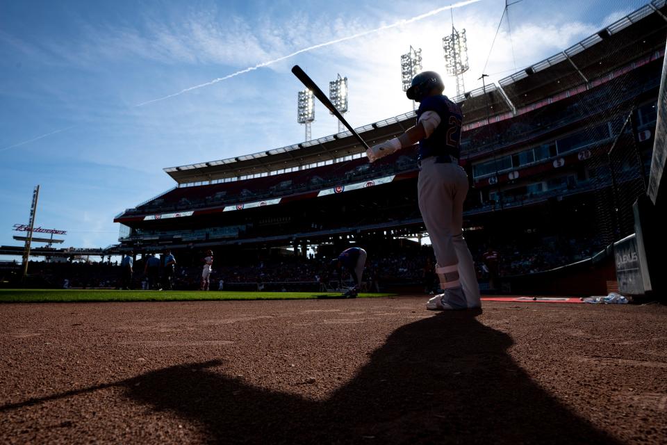 Cubs right fielder Seiya Suzuki prepares to bat in the first inning of a game between the Reds and Cubs at Great American Ball Park on Oct. 5, 2022.