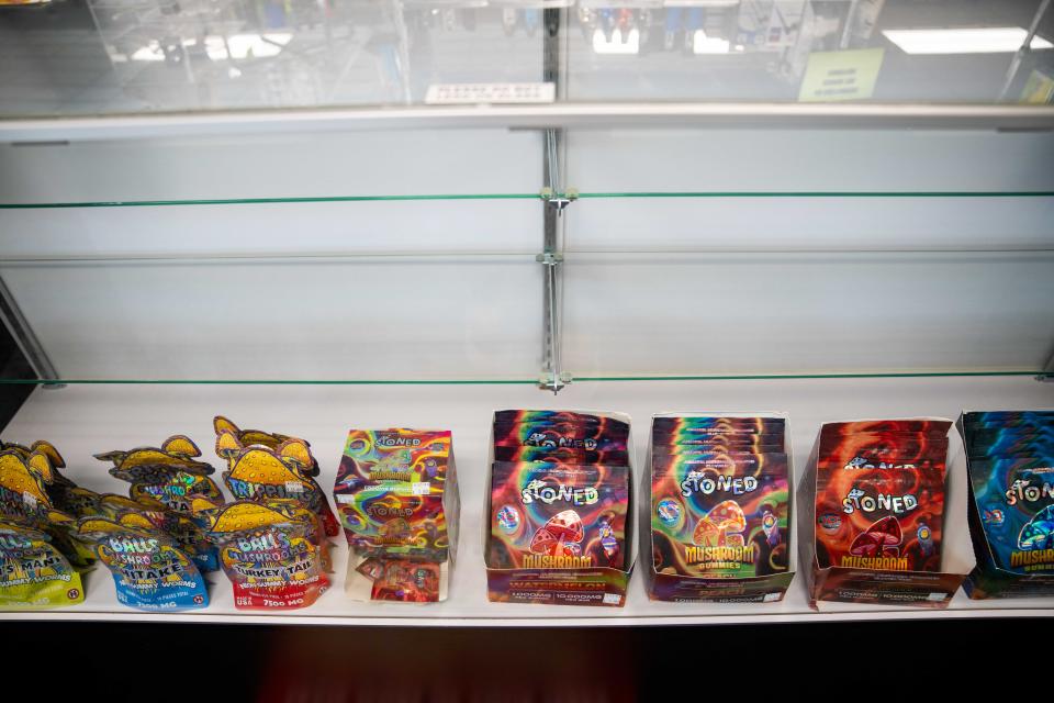 Shelving that used to house various consumable hemp products sits mostly empty due to heightened restrictions on THC in consumables at Unkl Ruckus's Smoking Emporium & Skate Shop on Monday, July 1, 2024, in Des Moines.