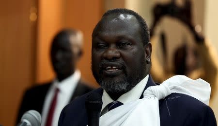 FILE PHOTO - South Sudan's opposition leader Riek Machar speaks during a briefing ahead of his return to South Sudan as vice president, in Ethiopia's capital Addis Ababa April 9, 2016. REUTERS/Tiksa Negeri