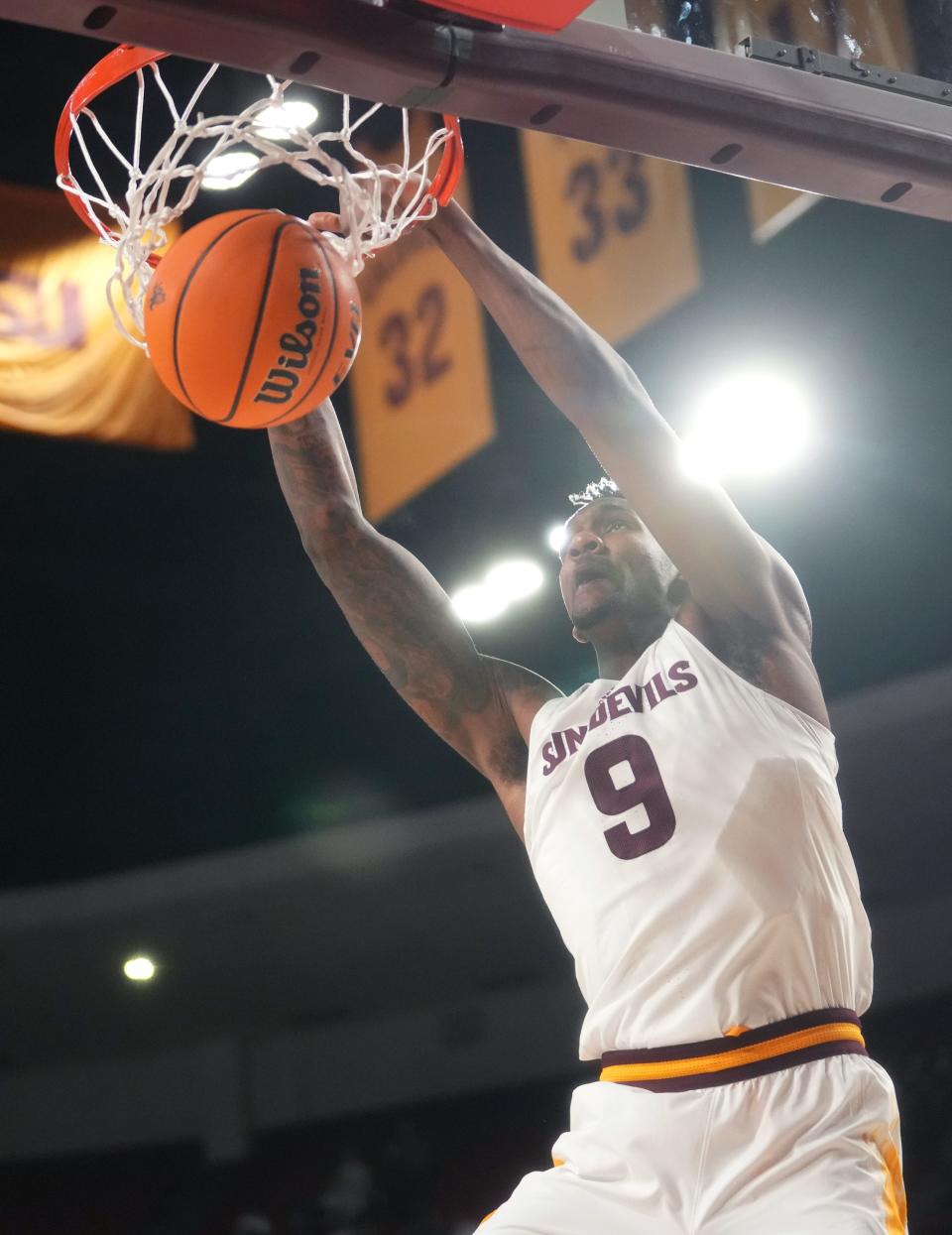 Jan 4, 2024; Tempe, Arizona, USA; ASU Sun Devils center Shawn Phillips Jr. (9) dunks the ball against the Utah Utes at Desert Financial Arena.