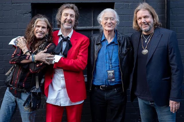 <p>Ross Halfin</p> From left: Steven Tyler, Chris Robinson, Jimmy Page, and Rich Robinson at the Eventim Apollo in London on May 15, 2024