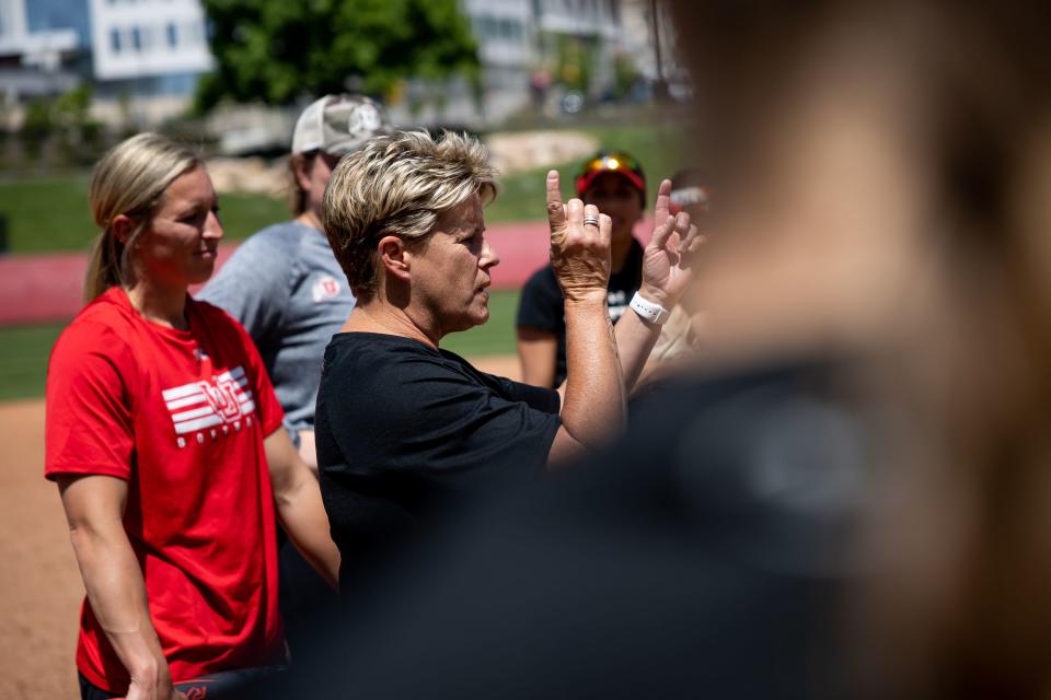 Head coach Amy Hogue works with the Utah softball team during a practice at the Dumke Family Softball Stadium in Salt Lake City on Tuesday, May 16, 2023. | Spenser Heaps, Deseret News