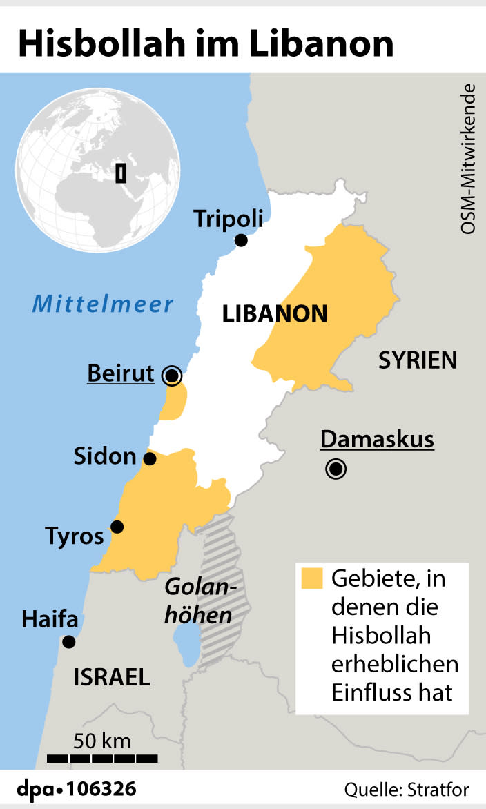 Libanon: Gebiete, in denen die Hisbollah entscheidenden Einfluss hat. Grafik: J. Reschke, Redaktion: A. Brühl