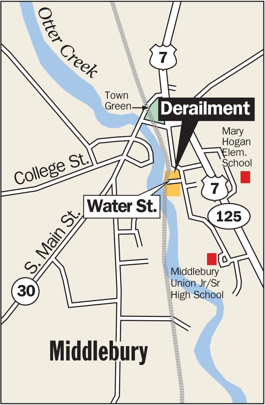 A map showing the site of a train derailment in Middlebury in 2007.