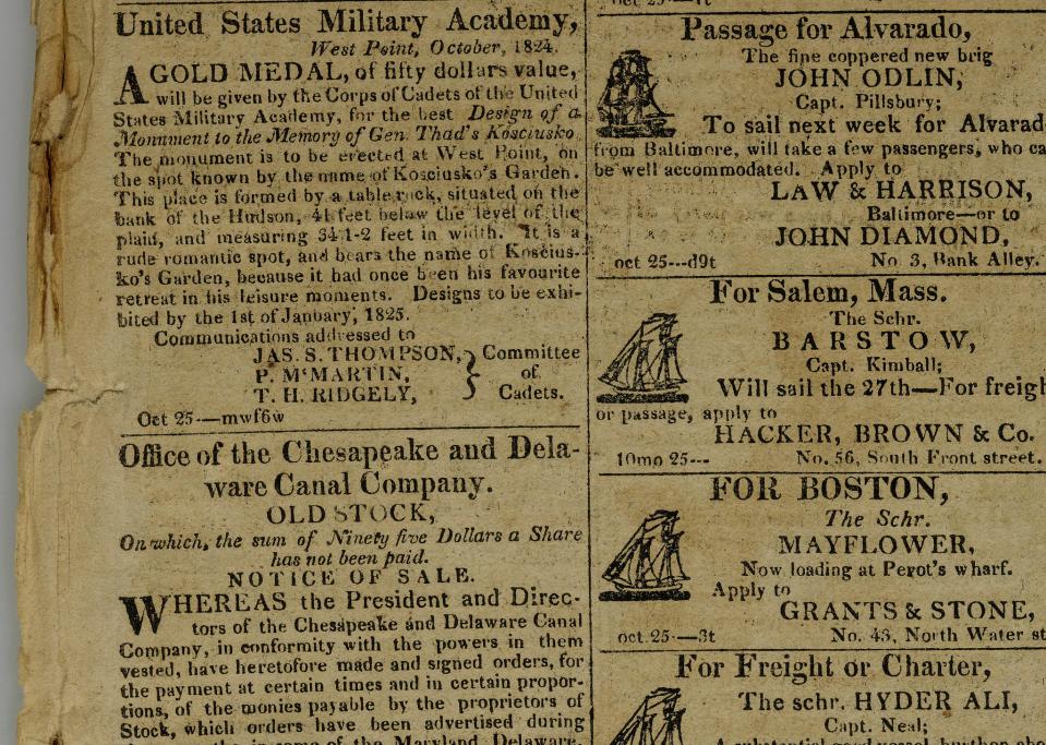 An ad placed nationally in October 1824 offers $50 to the winning designer of a monument to the memory of Gen. Thaddeus Kosciuszko. The winner was JHB Latrobe, a former cadet who left the academy after the 1821 death of his father, Benjamin Latrobe, the man who designed the U.S. Capitol.