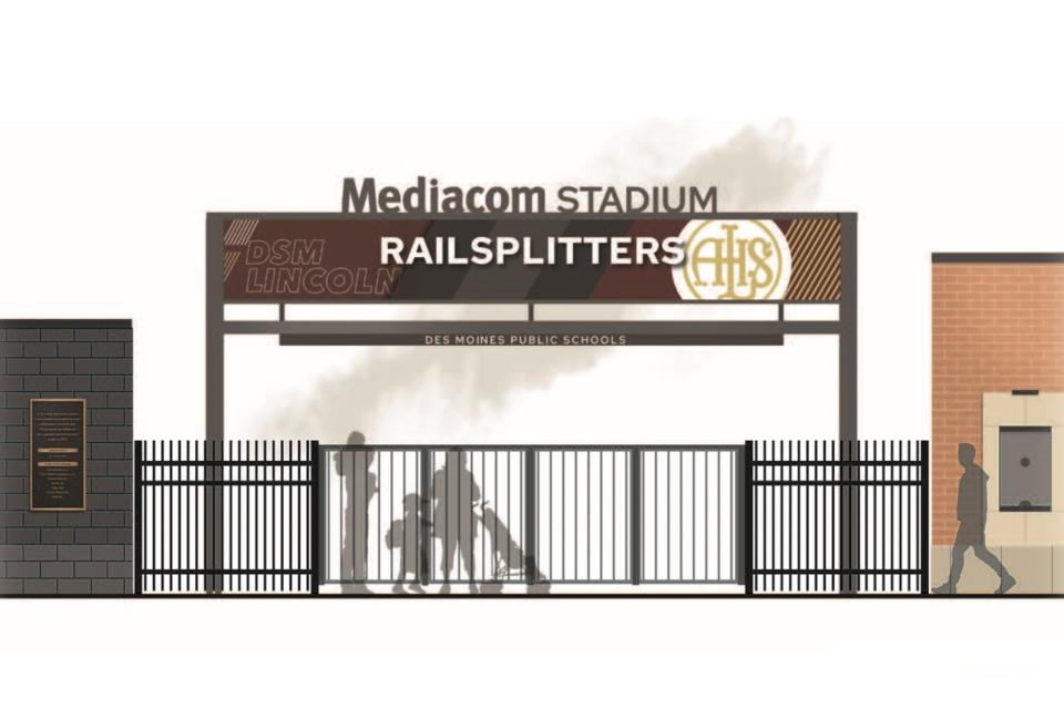 A rendering shows the name of Drake and DMPS new stadium, set to open in the fall.