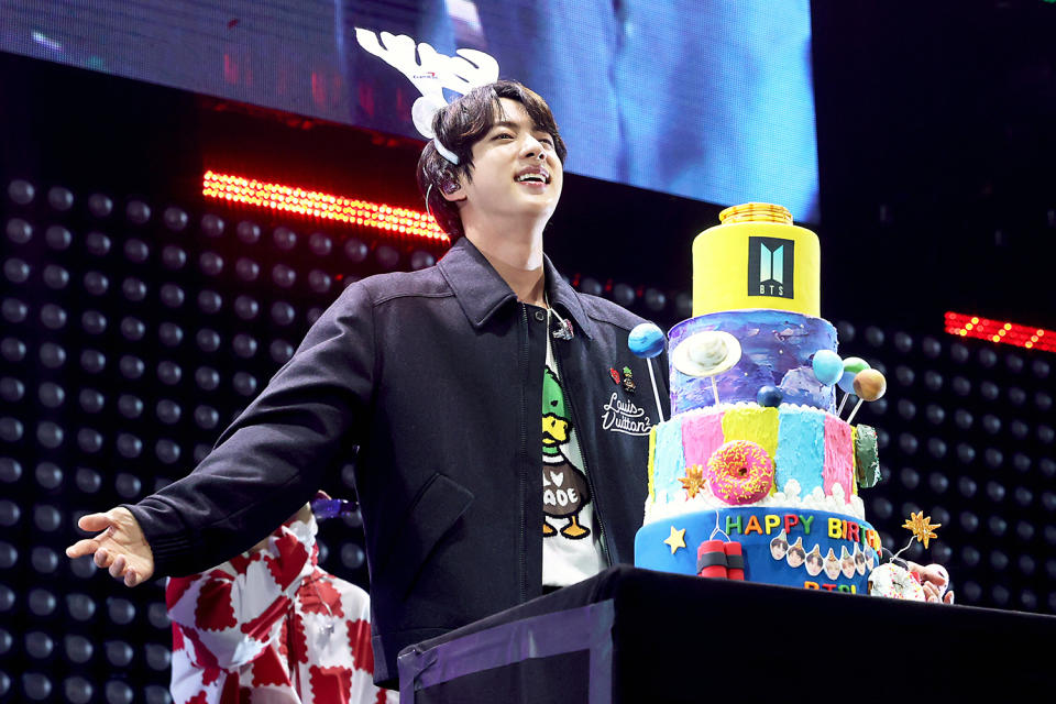 <p>Jin celebrates his 29th birthday while being serenaded by his BTS bandmates and fans at Jingle Ball 2021 in Los Angeles on Dec. 3.</p>