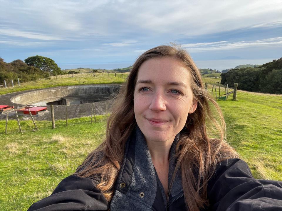 The author in front of the gun encampment.