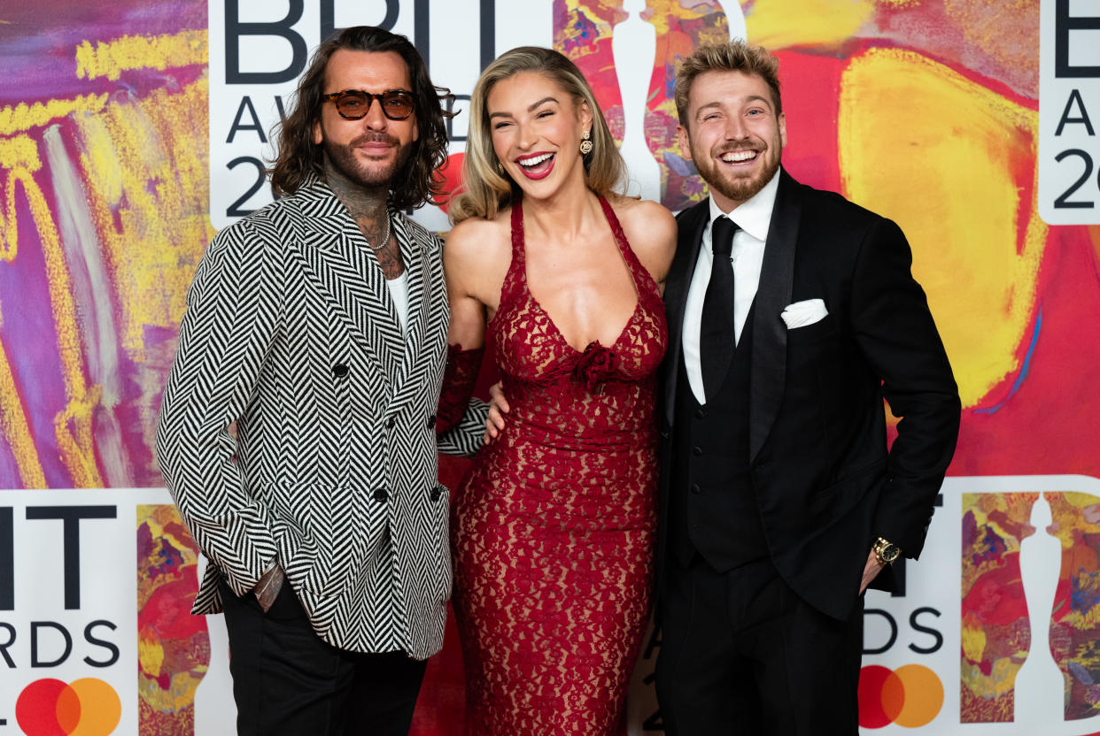 Pete Wicks, Zara McDermott and Sam Thompson attend the BRIT Awards 2024 at The O2 Arena on March 02, 2024 in London, England. (Photo by Samir Hussein/WireImage)