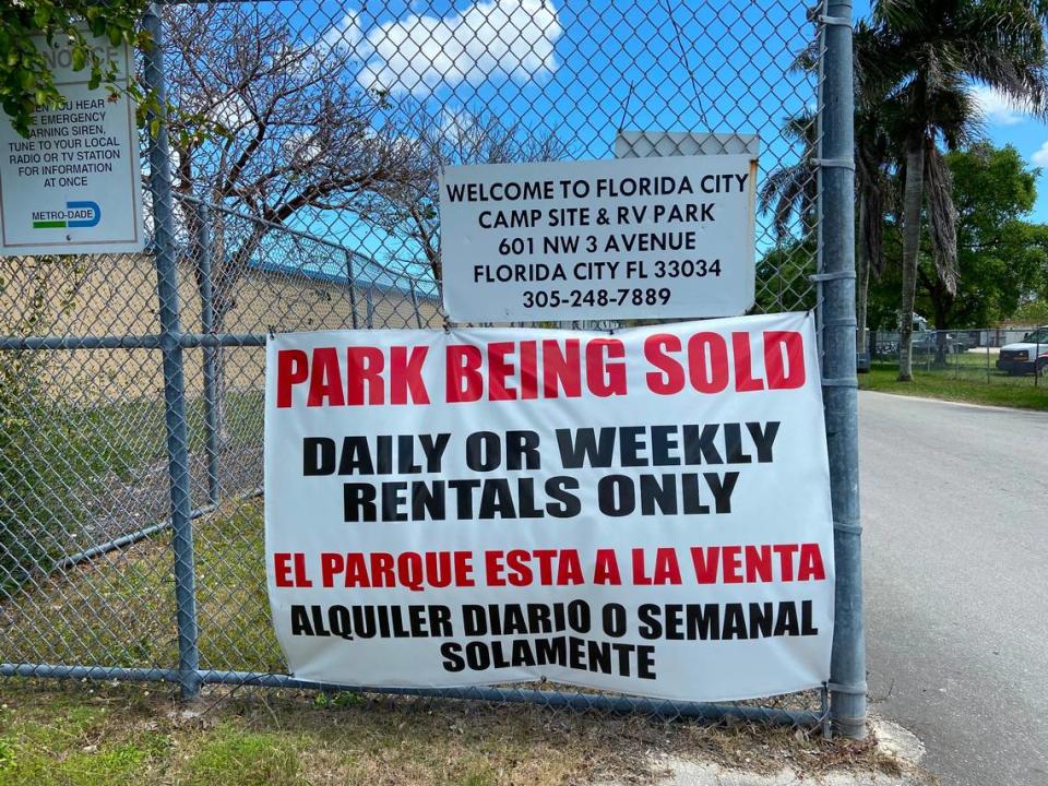 A sign hangs on the entrance to Florida City Camp Site and RV Park that says it has been sold.