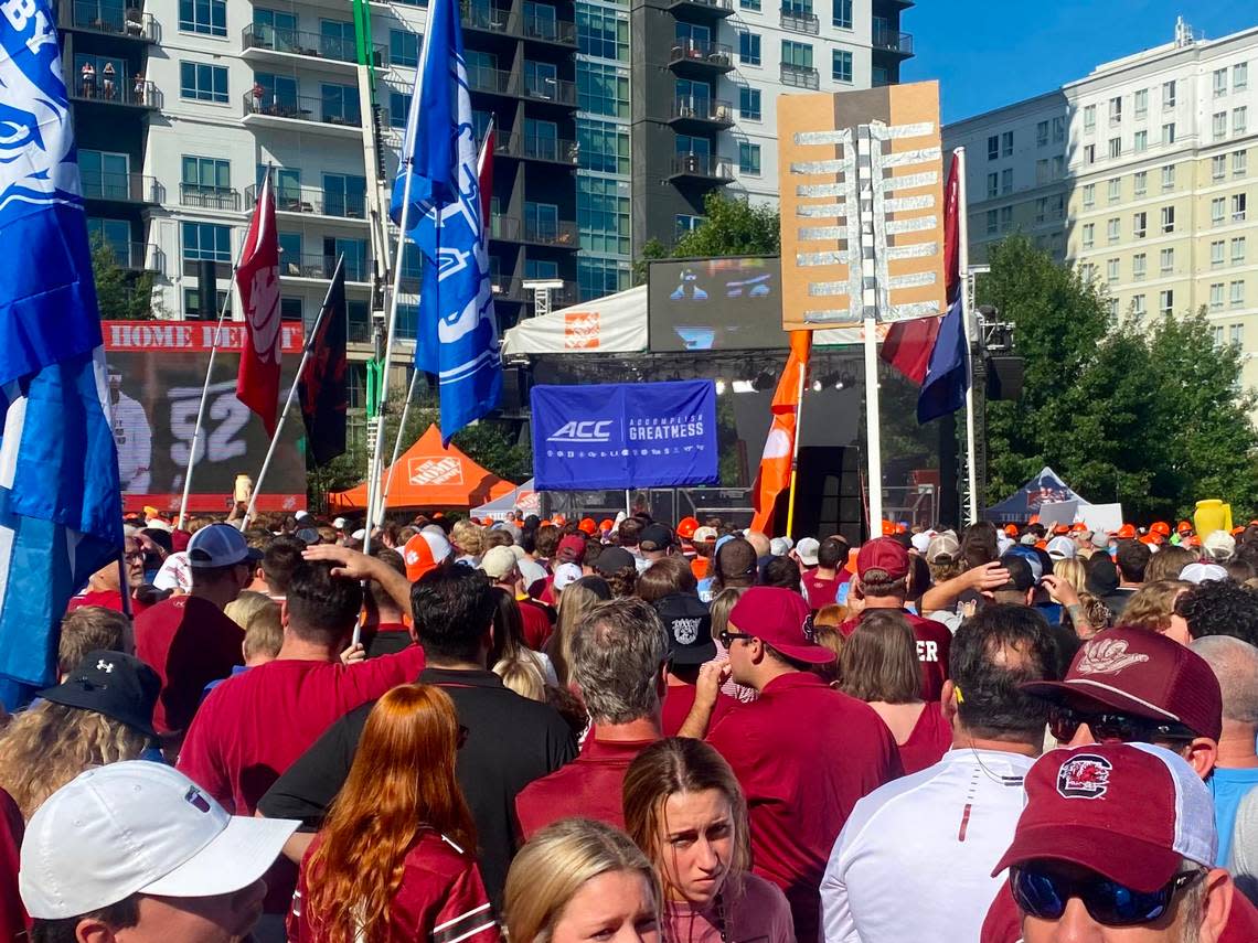 Fans gather to watch ESPN College GameDay on Saturday morning ahead of the Duke’s Mayo Classic, featuring UNC vs. South Carolina, in Charlotte, NC.