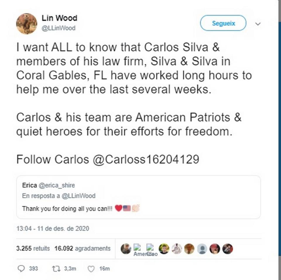 A screen grab of a Dec. 11 Tweet praising Silva & Silva by Atlanta-based attorney L. Lin Wood captured by a Google cache link before his @llinwood account was permanently suspended.