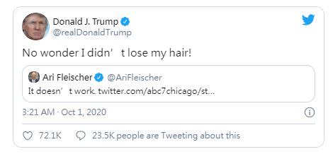 美國總統川普新的推特說自己的頭沒有禿。（圖／翻攝自推特）