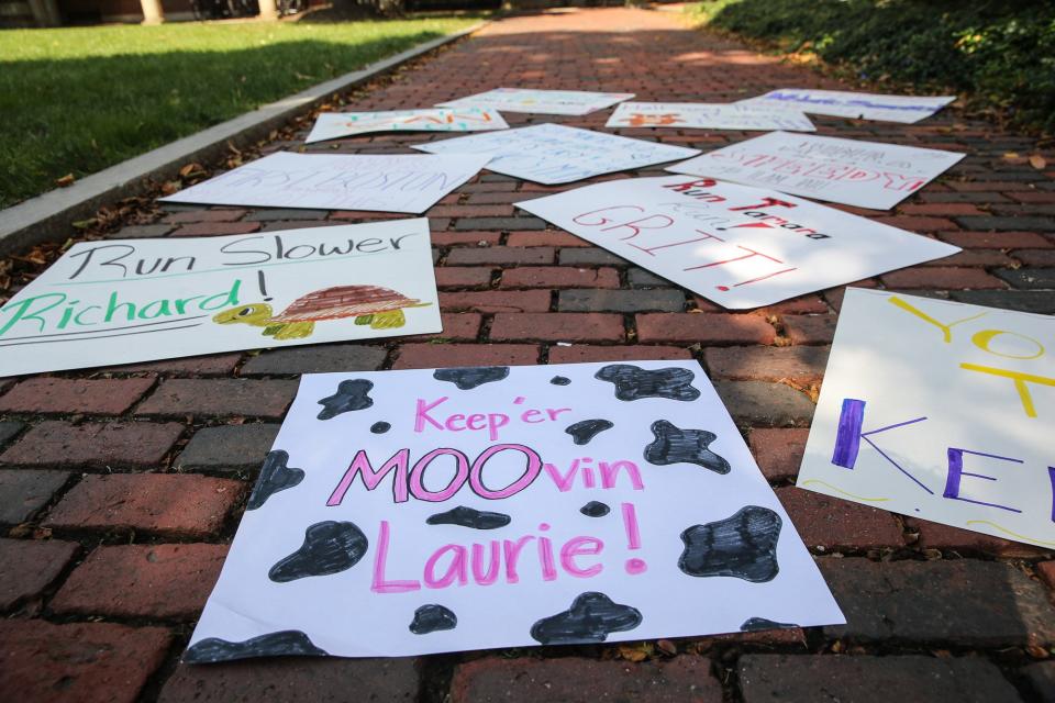 A sample of some of the signs created during the Boston Marathon sign-making event at Wellesley College, Oct. 2, 2021. Wellesley students were making signs by request to decorate the barriers at the halfway point of the marathon.