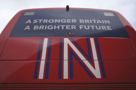 The 'Brighter Future In' campaign bus is seen at its launch at Exeter University in Exeter, Britain April 7, 2016. REUTERS/Dan Kitwood/Pool