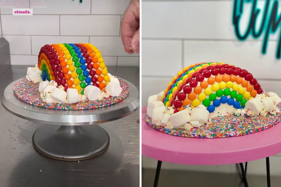 L: A hand sprinkling hundreds and thousands onto a rainbow cake. R: A shot of a finished rainbow cake, covered in M&Ms and marshmallows.