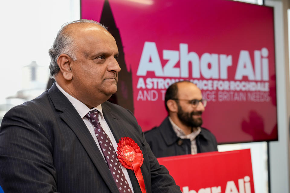 ROCHDALE, ENGLAND - FEBRUARY 07: Labour candidate for Rochdale, Azhar Ali launches his by-election campaign on February 07, 2024 in Rochdale, England. Azhar Ali announced his five pledges should he be elected as Rochdale's MP, accompanied by Labour's Mayor of Manchester, Andy Burnham. The by-election for the Rochdale constituency scheduled for 29 February was triggered by the death of Labour MP Sir Tony Lloyd on 17 January, 2024. (Photo by Christopher Furlong/Getty Images)