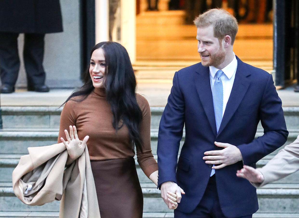 Meghan, Duchess of Sussex and Prince Harry, Duke of Sussex depart Canada House on January 07, 2020 