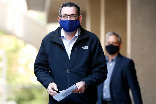 Victorian Premier Daniel Andrews wears a face mask as he walks in to the daily briefing on July 19, 2020 in Melbourne, Australia.  (Photo by Darrian Traynor/Getty Images)