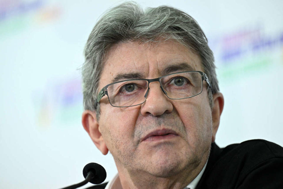 French MP and leader of French leftist La France Insoumise (LFI) party and of left-wing coalition NUPES (Nouvelle Union Populaire Ecologique et Sociale - New People's Ecologic and Social Union) Jean-Luc Melenchon looks on during a press conference on the political record in Paris on July 5, 2022. (Photo by Emmanuel DUNAND / AFP)