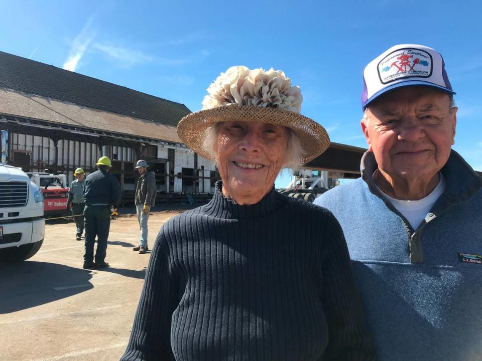 Darlene and Kenneth Kaberline, residents of Cayucos since 1979, say they’re delighted that the Cayucos Veterans Memorial Hall finally is being renovated. On Wednesday, April 5, 2023, they watched as crews began moving the fragile structure over so a new foundation can be built on the original site of the historic building.