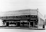 <p>In 1945, Sam and Helen Walton purchased their first Ben Franklin "variety store" in Newport, Arkansas. Within five years, Sam was able to make his Ben Franklin store the top franchise in the state. But when it came time for the couple to renew their lease, the landlord refused, so they were forced to look elsewhere.</p><p>Photo: Courtesy of The Walmart Museum</p>