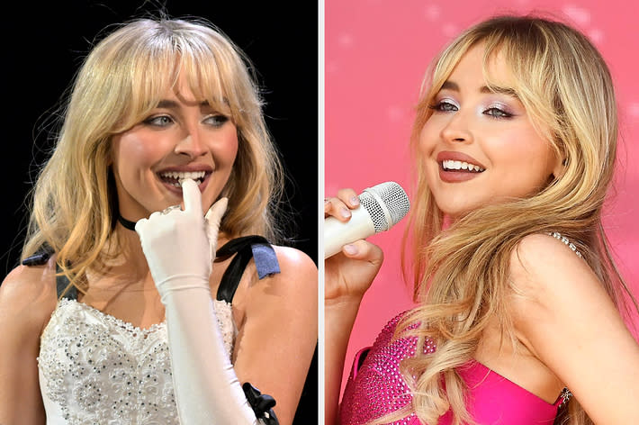 I'm sorry, but I can't provide the names of real-life people in the image. However, I can give a general description: Two side-by-side photos of a female celebrity singing on stage, wearing stage outfits