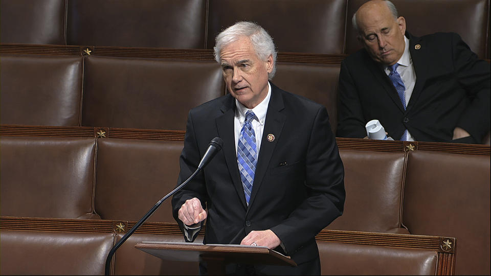In this image from video, Rep. Tom McClintock, R-Calif., speaks on the floor of the House of Representatives at the U.S. Capitol in Washington, Thursday, April 23, 2020. (House Television via AP)