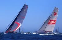 The yachts Wild Oats XI (R) and Scallywag sail out of Sydney Harbour during the start of the annual Sydney to Hobart Yacht race, Australia's premiere bluewater classic, in Australia, December 26, 2016. REUTERS/David Gray