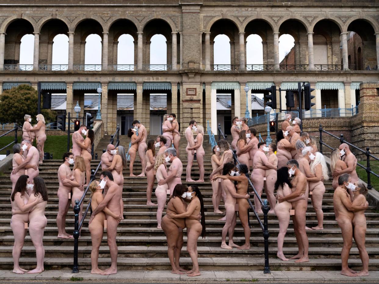 Volunteers strip down - except for masks - at Alexandra Palace (Sky Arts/PA)