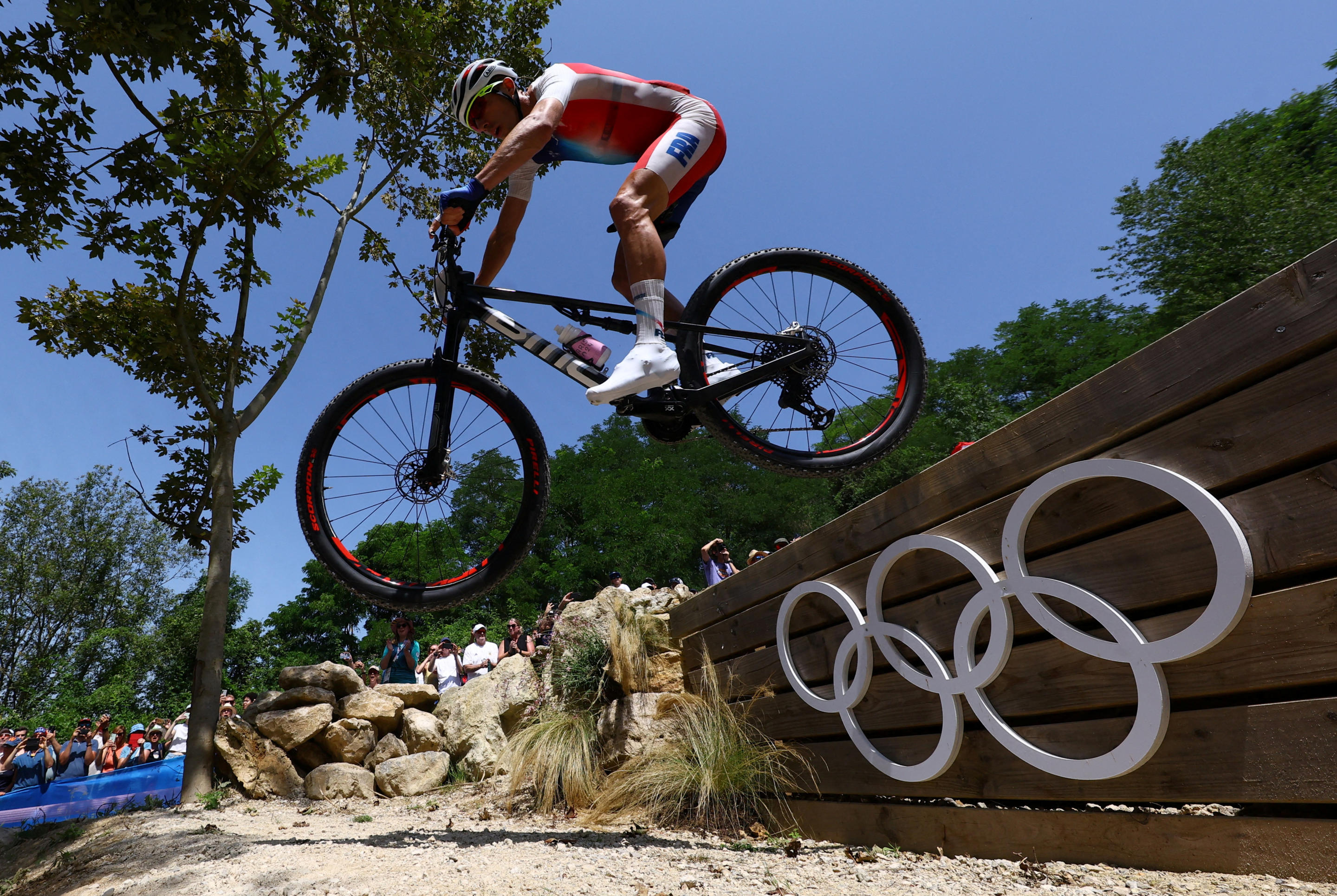 Jordan Sarrou of France in action during the Mens' Mountain Bike Cross Country on July 29, 2024.. (Matthew Childs/Reuters)