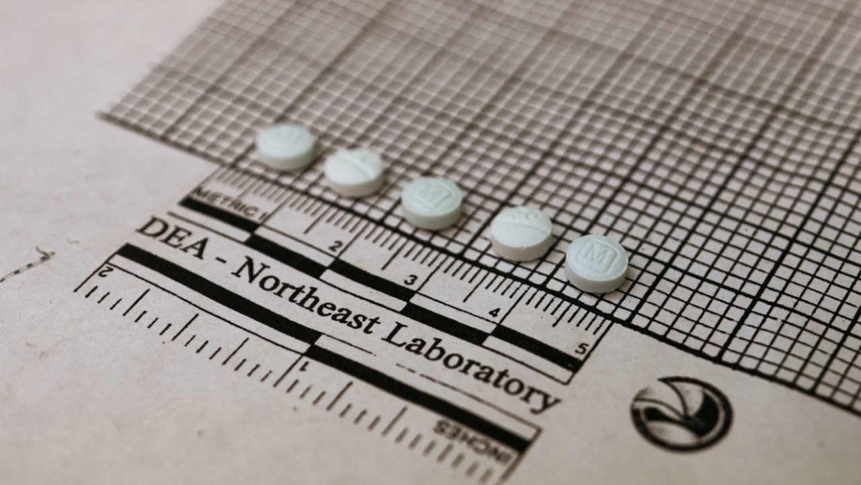 Tablets suspected to be fentanyl are placed on a graph to measure their size at the Drug Enforcement Administration Northeast Regional Laboratory on October 8, 2019 in New York. - According to US government data, about 32,000 Americans died from opioid overdoses in 2018. That accounts for 46 percent of all fatal overdoses. Fentanyl, a powerful painkiller approved by the US Food and Drug Administration for a range of conditions, has been central to the American opioid crisis which began in the late 1990s. (Photo by Don EMMERT / AFP)