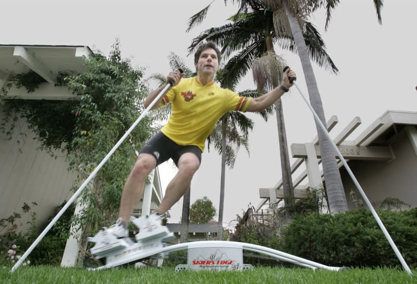 Bartletti, Don –– – October 25, 2005. Irvine, CA. Roy Wallack works out on the Skier's Edge S–4 in the yard of his Irvine home. The American–made machine helps strengthen muscles used in downhill skiing.