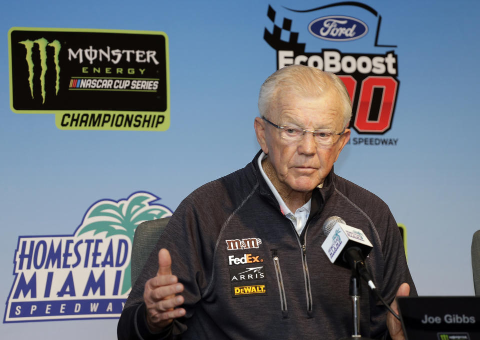 Joe Gibbs, owner of Joe Gibbs Racing, speaks during a news conference for the NASCAR Cup series auto race at the Homestead-Miami Speedway, Friday, Nov. 16, 2018, in Homestead, Fla. (AP Photo/Terry Renna)