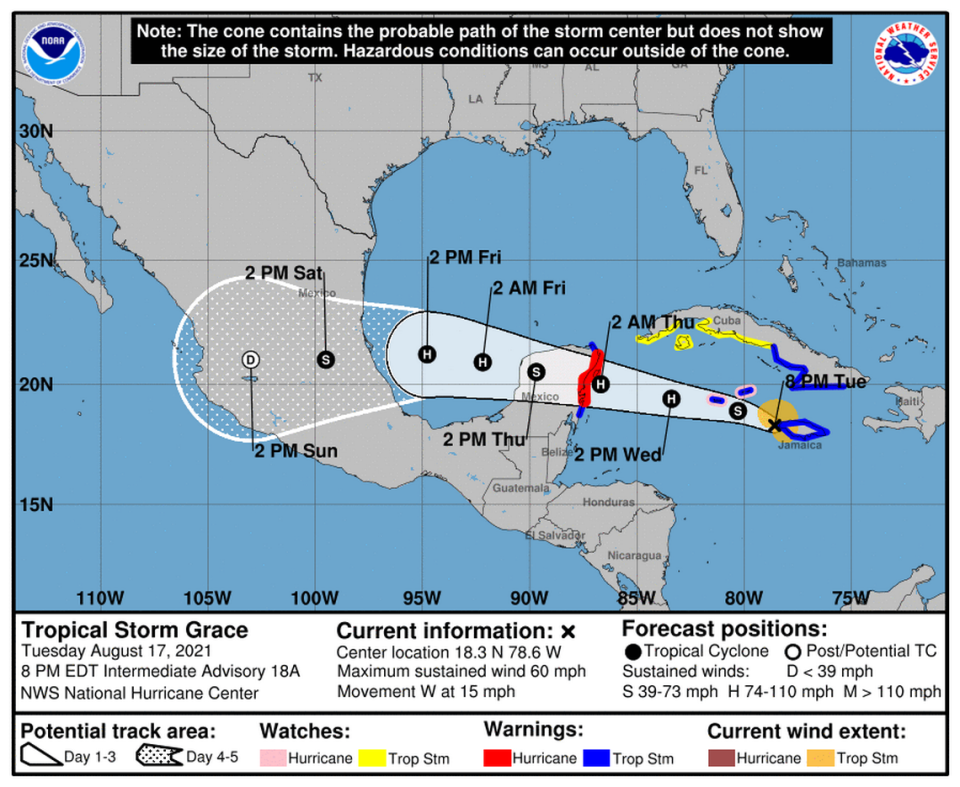 Tropical Storm Grace’s location in the 5 p.m. Tuesday, Aug. 17, 2021 advisory.