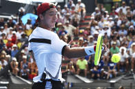 Jan-Lennard Struff from Germany returns a shot against Cameron Norries from Britain during their semifinal match of the ASB Classic Mens tennis tournament in Auckland, New Zealand, Friday, Jan 11, 2019. (AP Photo/Chris Symes)